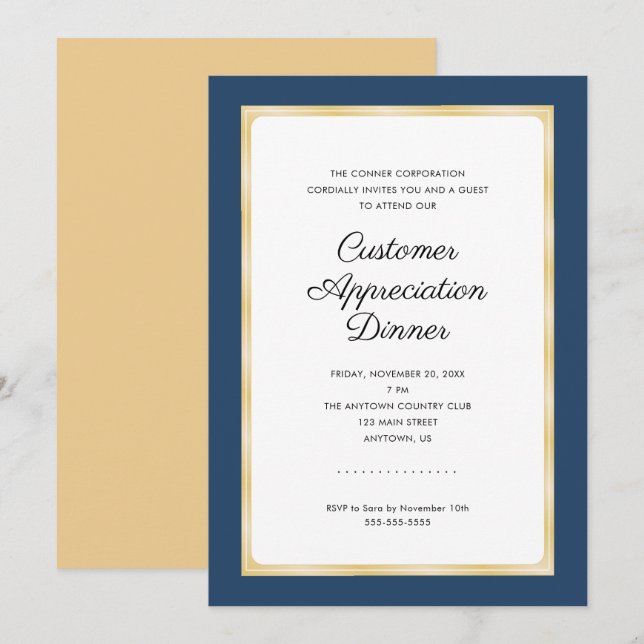 Invitation Dîner d'appréciation du client | Marine bleu et or (Devant / Derrière)