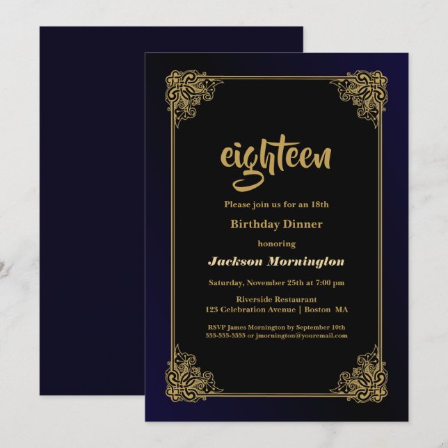 Invitation Dîner de 18e anniversaire noir et or (Devant / Derrière)