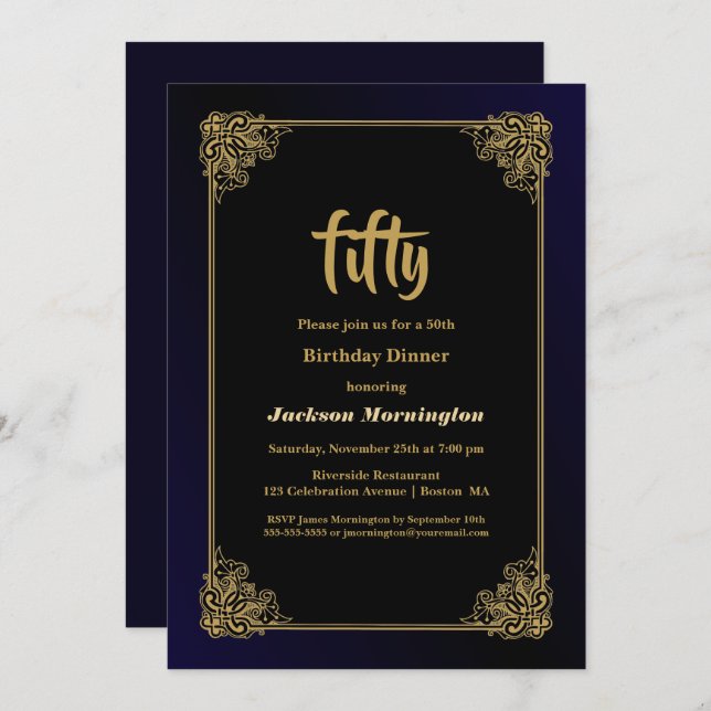 Invitation Dîner de 50e anniversaire noir et or (Devant / Derrière)
