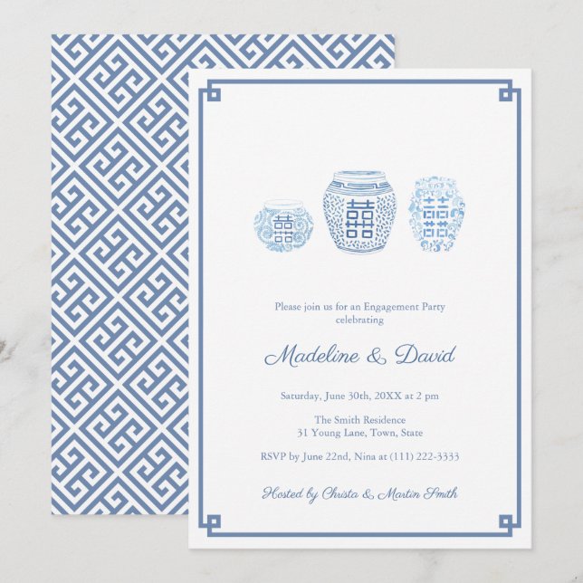 Invitation Dîner de fête classique Blue & White Engagement (Devant / Derrière)