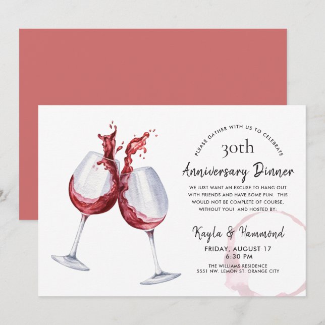 Invitation Dîner de fête de l'anniversaire du vin rouge (Devant / Derrière)