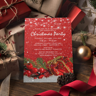 Invitation Dîner de fête de Noël avec paillettes rouges