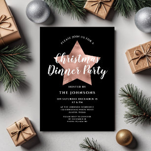 Invitation Dîner de fête de Noël Black Rose Gold Star