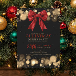 Invitation Dîner de fête de Noël Xmas Hiver Ruban Rouge Or