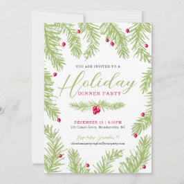 Invitation Dîner de fête vert sapin rouge