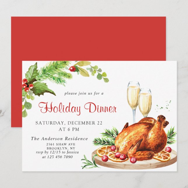 Invitation Dîner de fêtes de Noël aux baies de houx (Devant / Derrière)