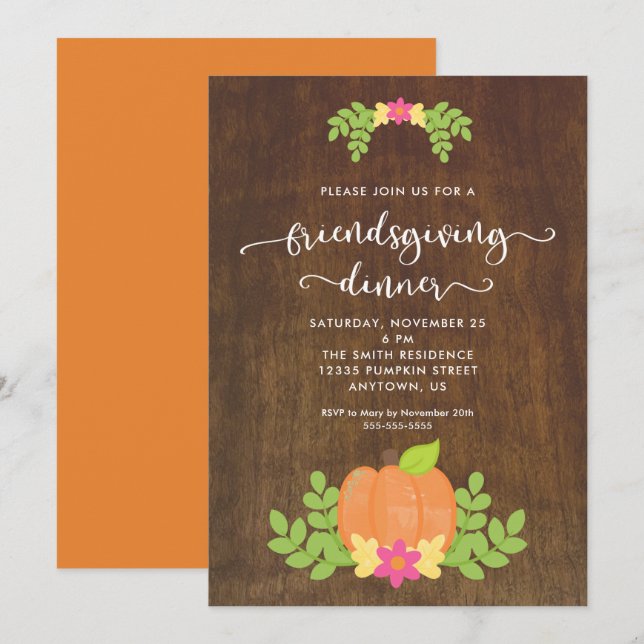Invitation Dîner de Friendsgiving rustique Citrouille et verd (Devant / Derrière)