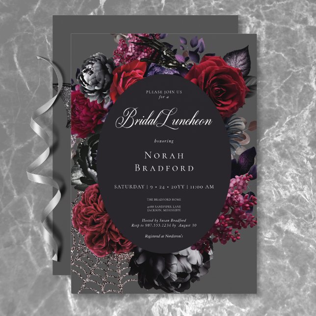 Invitation Dîner de la nuptiale noire florale d'Halloween fon (Dark Halloween Glam Floral Black Bridal Luncheon Invitation)