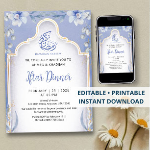Invitation Dîner de l'Iftar floral bleu et or luxueux