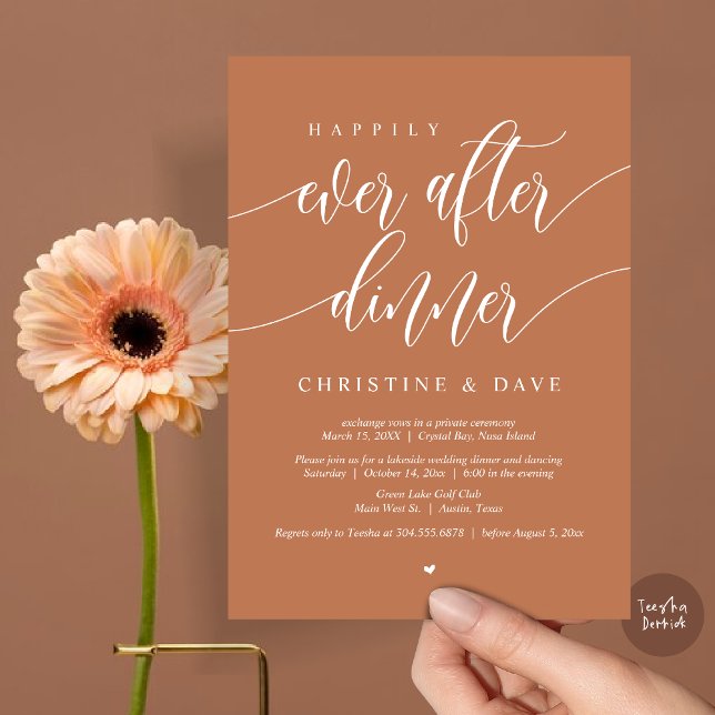 Invitation Dîner de Mariage à la Sauvette Happily Ever After, (Happily Ever After Dinner Invitation Card, PDF, Modern Calligraphy Script, in Copper Rust)