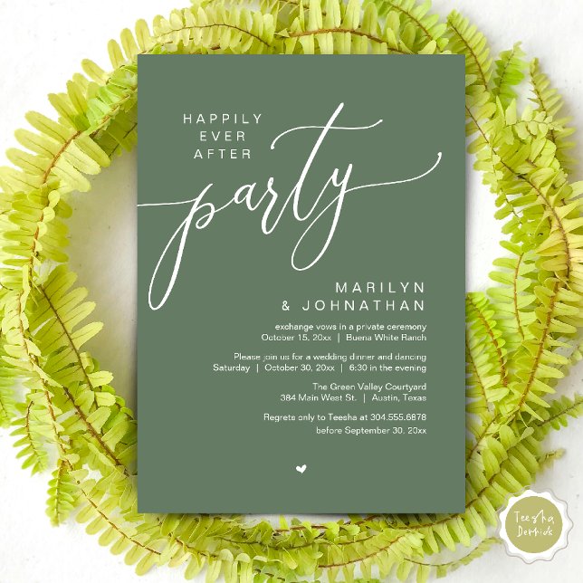 Invitation Dîner de Mariage de Fuite de Noces de la Soirée à  (Happily Ever After Party Wedding Elopement Romantic Dinner Brunch Invitation Card PDF Sage Green)