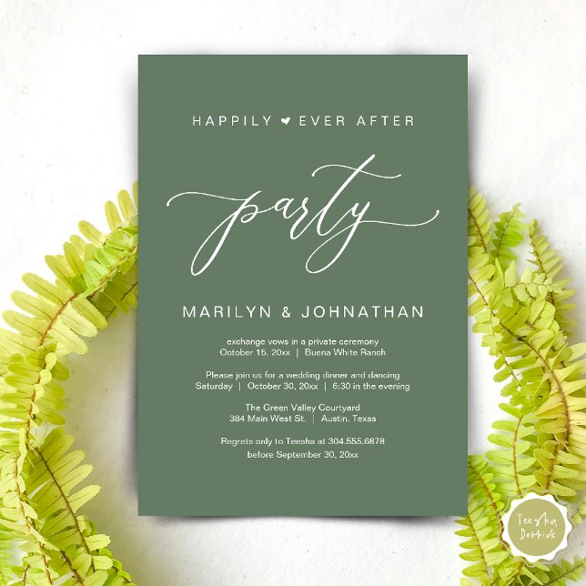 Invitation Dîner de Mariage de Fuite de Noces et Fête de "Pou (Happily Ever After Party Wedding Elopement Romantic Dinner Brunch Invitation Card PDF Sage Green)