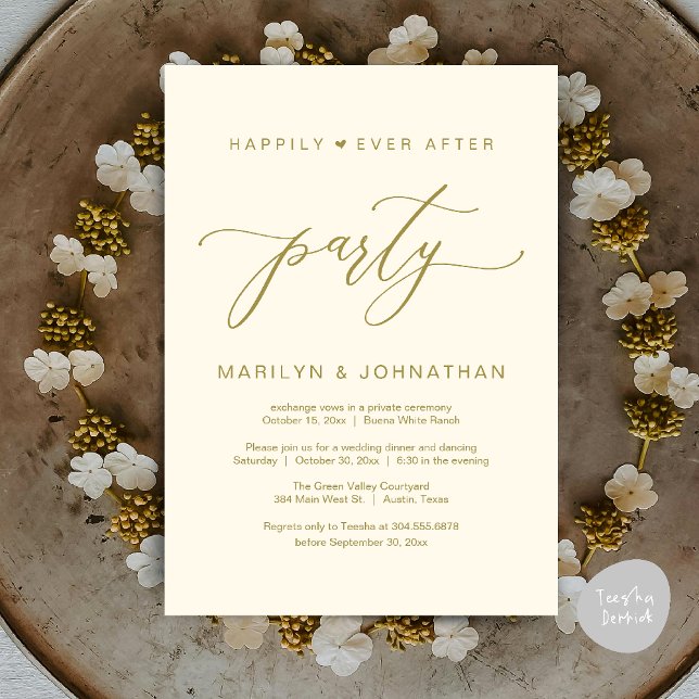 Invitation Dîner de Mariage de Fuite pour une Soirée de Félic (Happily Ever After Party Wedding Elopement Romantic Dinner Brunch Invitation Card PDF Yellow Gold)