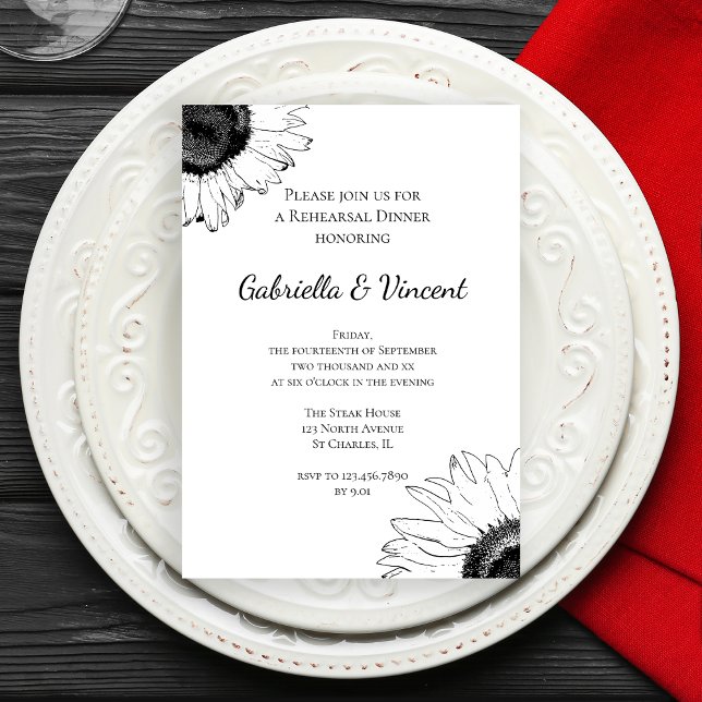 Invitation Dîner de Mariage de tournesol noir et blanc (Créateur téléchargé)