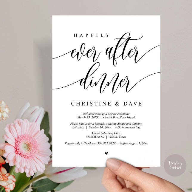 Invitation Dîner de Mariage en Intime Cercle Danse (Happily Ever After Dinner Invitation Card, PDF, Modern Calligraphy Script, in Black and White)
