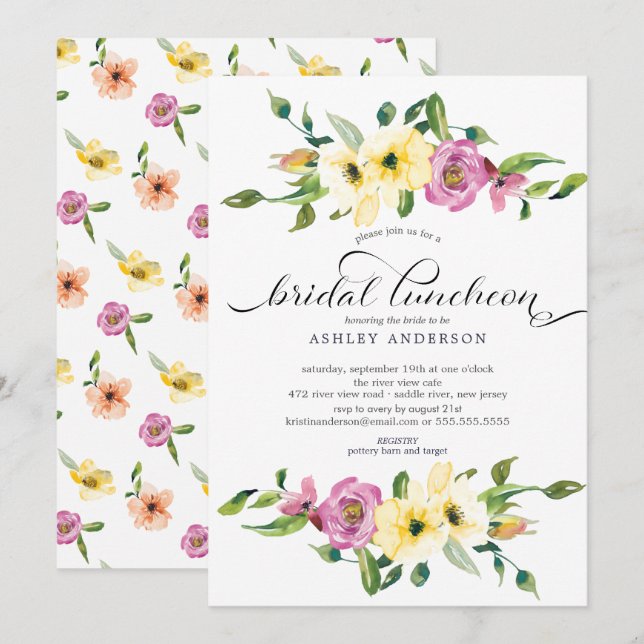 Invitation Dîner de mariée à l'aquarelle jaune et violet (Devant / Derrière)