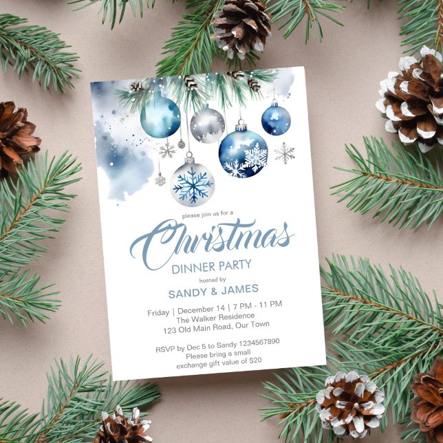 Invitation Diner de Noël argent bleu baubles (Christmas dinner elegant silver blue baubles snowflakes dinner party invitation template digital)