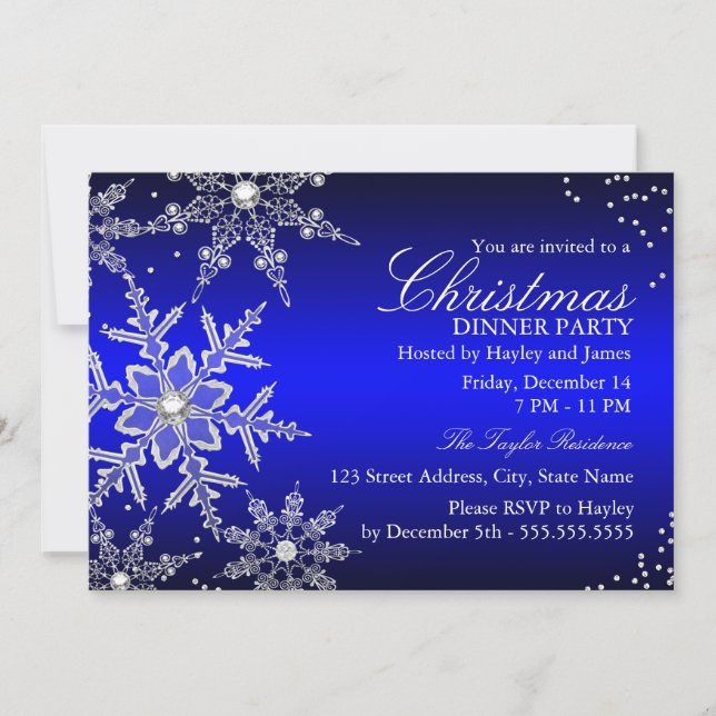 Invitation Dîner de Noël Blue Crystal Snowflake (Devant)