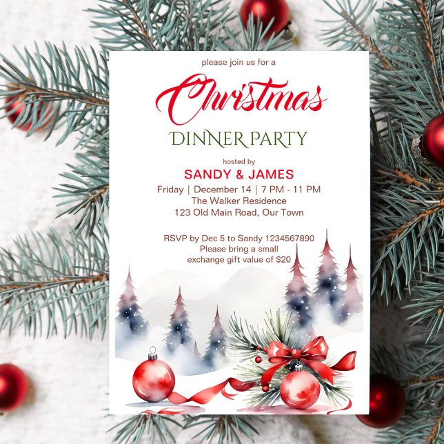 Invitation Dîner de Noël classique rouge baubles ruban (Classical Christmas dinner party template invitation instant download red baubles ribbon snowy pines)