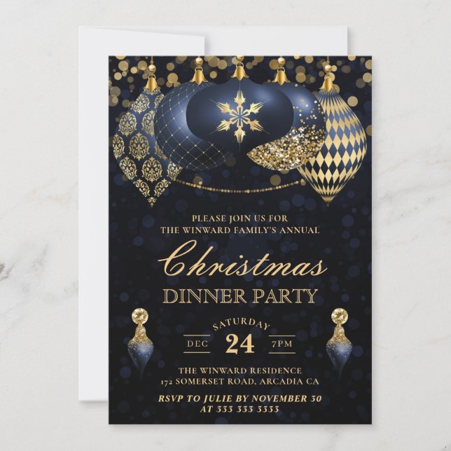 Invitation Dîner de Noël Elegant Marine & Gold Baubles (Devant)