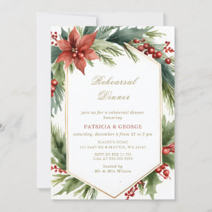 Invitation Dîner de Noël Floral Gold Vert