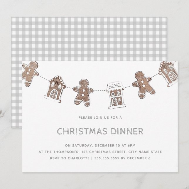 Invitation Dîner de Noël Pain d'épices En vichy gris (Devant / Derrière)