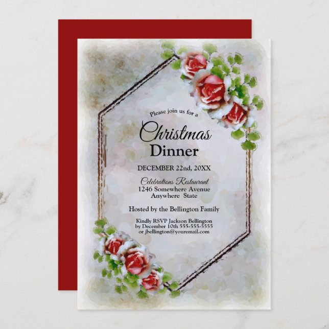 Invitation Dîner de Noël Roses rouges (Devant / Derrière)