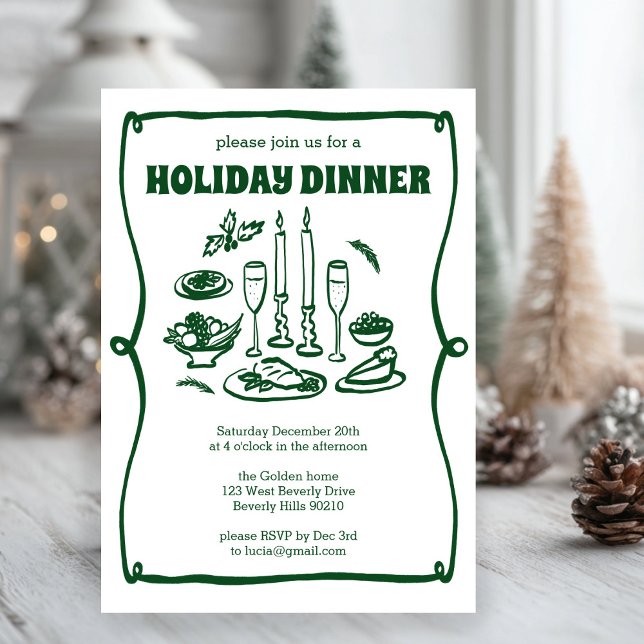 Invitation Dîner de Noël Whimsical Fête sur mesure (Whimsical Christmas Holiday Dinner Party Doodle Sketch CUSTOM Invitation
)