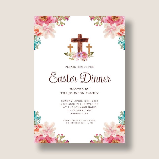 Invitation Dîner de Pâques à la croix florale élégante (Elegant Floral Cross Easter Dinner Invitation)
