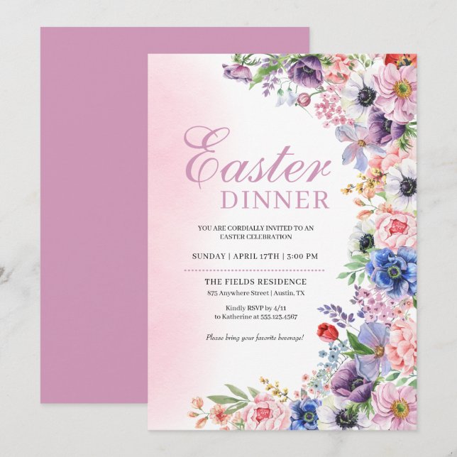 Invitation Dîner de Pâques de printemps de jardin floral rose (Devant / Derrière)