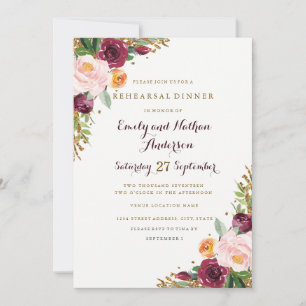 Invitation Dîner de Parties scintillant Florale de Bourgogne