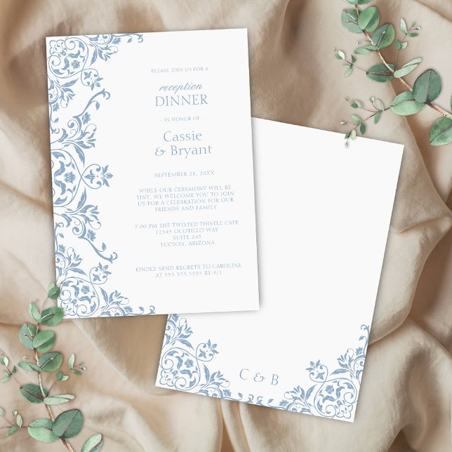 Invitation Dîner de réception de mariage blanc et bleu chic (elegant blue and white formal reception dinner invitation with floral border for regency era theme)