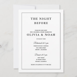 INVITATION DÎNER DE REHERSAL ÉLÉGANT NOIR & BLANC CLASSIQUE
