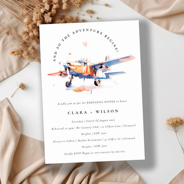 Invitation Dîner de répétition air plan bleu orange chic (Créateur téléchargé)
