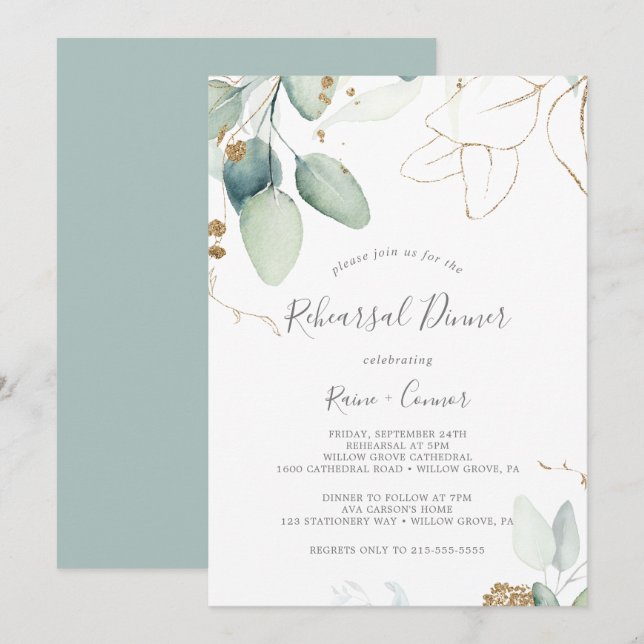 Invitation Dîner de répétition Airy Green and Gold Leaf (Devant / Derrière)