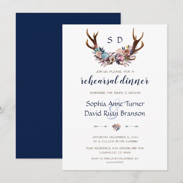Invitation Dîner de répétition | Antlers Dusty Blue Rose Flor (Devant / Derrière)