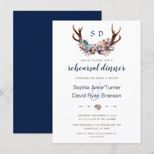 Invitation Dîner de répétition Antlers Dusty Blue Rose Flor