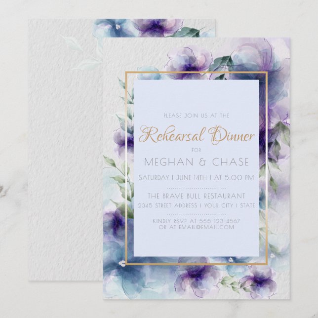 Invitation Dîner de répétition | Aquarelle bleu violet (Devant / Derrière)