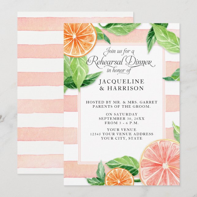 Invitation Dîner de répétition Aquarelle Citrus Pink Grapefru (Devant / Derrière)