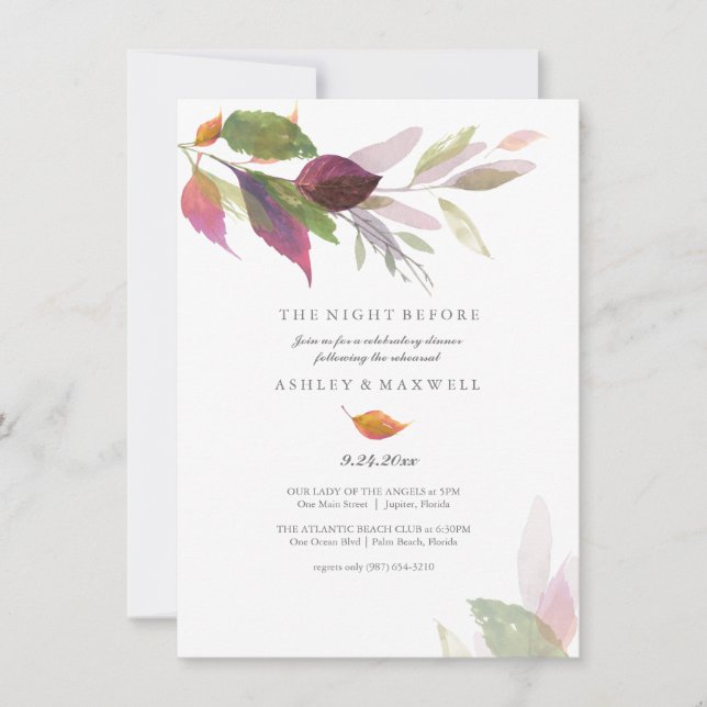 Invitation Dîner de répétition Aquarelle Feuilles d'automne (Devant)