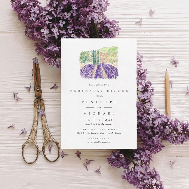 Invitation Dîner de répétition aquarelle Lavender Fields (Lavender Fields wedding rehearsal dinner invitation.)