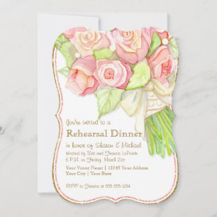 Invitation Dîner de répétition Aquarelle Rose Bouquet Perles