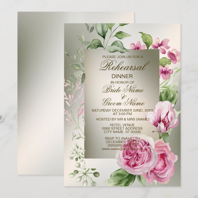 Invitation Dîner de répétition Aquarelle rose Floral Bronze (Devant / Derrière)