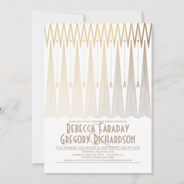 Invitation Dîner de répétition Art déco blanc et or Gatsby (Devant)