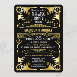 Invitation Dîner de répétition Art Déco Mariage Gold & Black