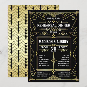 Invitation Dîner de répétition Art Déco Mariage Gold Noir