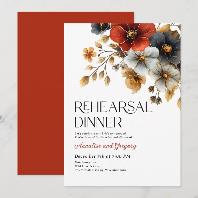 Invitation Dîner de répétition automne aquarelle Florals (Devant / Derrière)