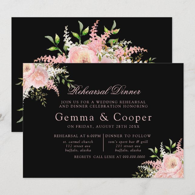 Invitation Dîner de répétition Black Blush Painted Florals (Devant / Derrière)