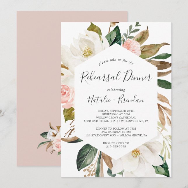 Invitation Dîner de répétition blanc et blanc élégant de Magn (Devant / Derrière)