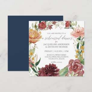 Invitation Dîner de répétition bleu de la marine Rose rouge f